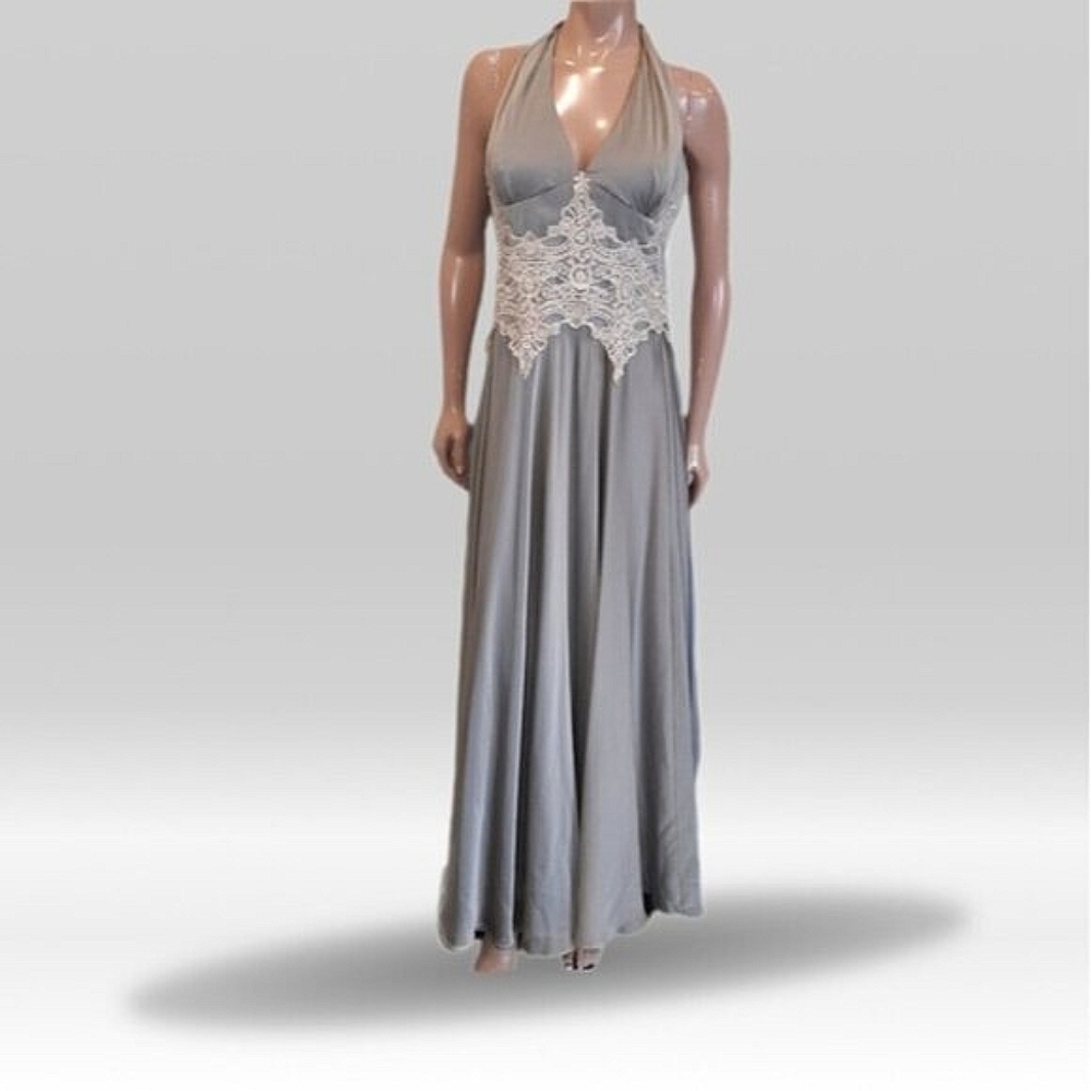 Vintage JOSEPH RIBKOFF Halter Dress Sage Gold Crochet Maxi Sleeveless Gown